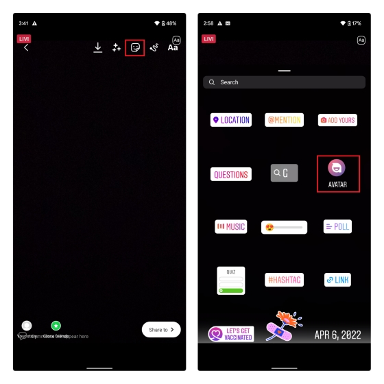 అవతార్ స్టిక్కర్ instagram ఎంచుకోండి